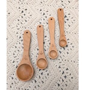 Handcrafted Beech Wood Measuring Spoons Set 4pc Farmhouse Kitchen Baking Tools